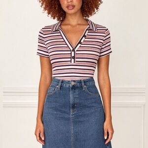 Striped Short-Sleeve Polo Top in Pink and Navy